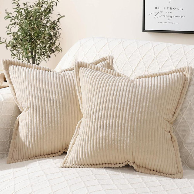 Mecatny Corduroy Pillow Covers 18x18 Inch Set of 2 - Striped Throw Pillow Covers with Wide Border for Living Room, Bed - Soft Square Decorative Pillow Covers for Couch - Beige