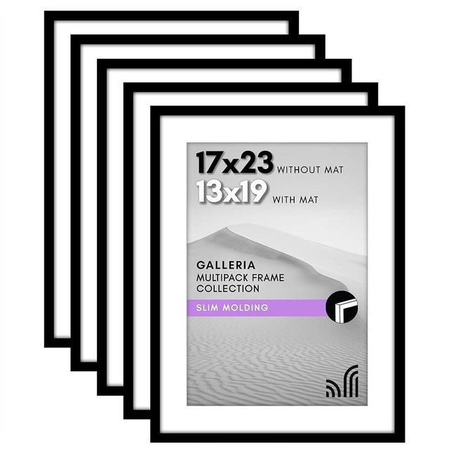 Americanflat 17x23 Picture Frame with Polished Plexiglass - Set of 5 - Use as 13x19 Frame with Mat or Display 17x23 Photo Without Mat - Galleria Collection - Picture Frames for Wall Display - Black