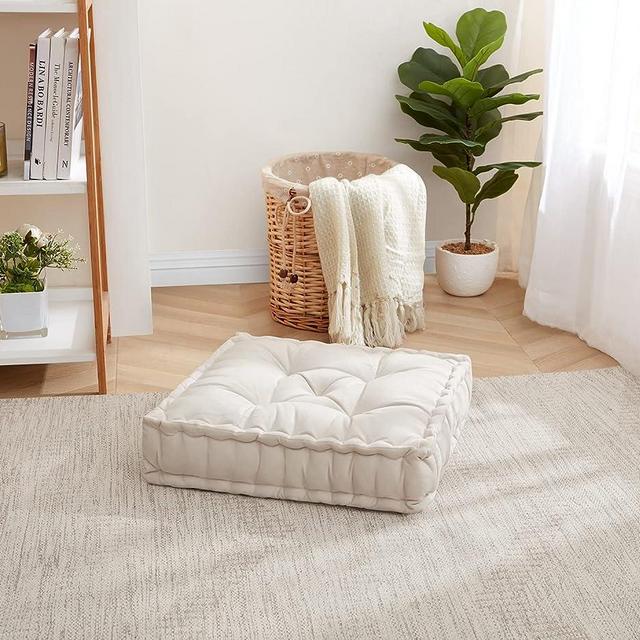 Sweet Home Collection Floor Pillow Large Square Tufted Decorative Cushion Faux Velvet Fabric Ultra Thick Fill for Kids and Adults, 2 Pack, Ivory 2 Count