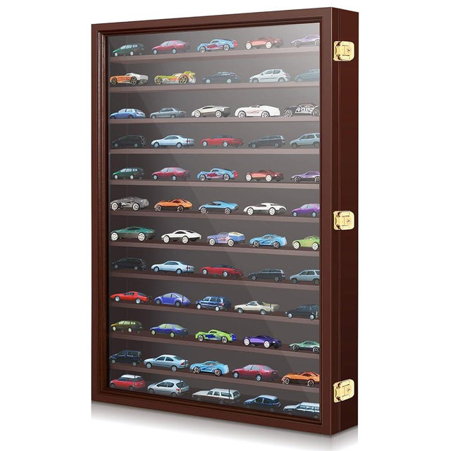 Tatuo Model Car Display Case 1/64 Scale Model Car Display Case Cabinet Rack 26.5" x 18.75" x 3.25" Large Diecast Wall Mounted for Toy Collection Decor(Walnut,with Door)
