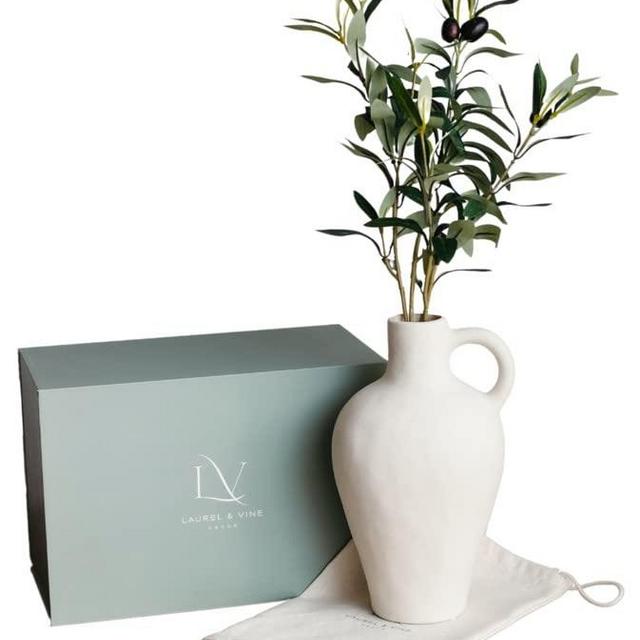 Laurel&Vine Decor Matte Textured Vase - with Olive Branches for Vases - 22 Inches Tall - Medium Size Artificial Plant - Faux Plants - Minimalist Shelf Decor - Nordic Home Decor Office Wedding