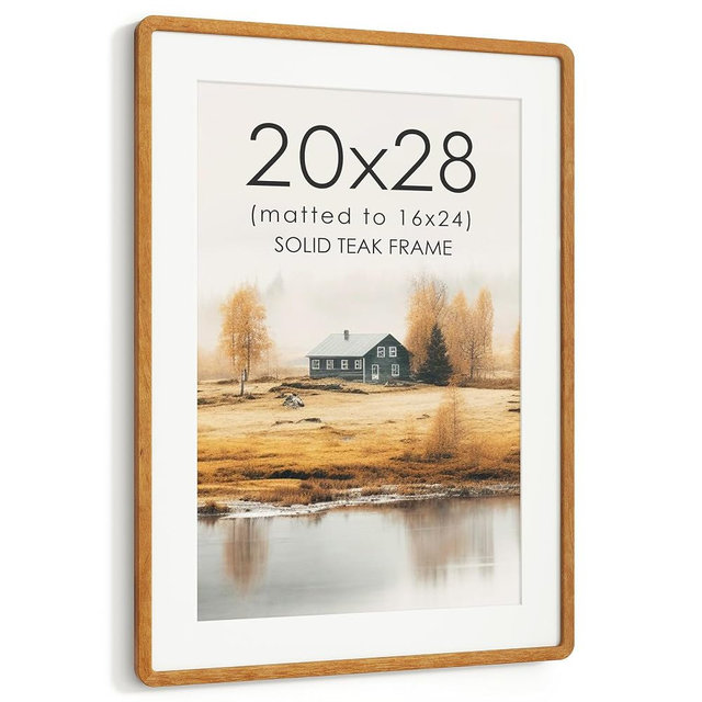 20x28 Picture Frame, USA-Sourced Teak Wood Photo Frame with Chamfered Edge & Double-Dowel Corner, Handcrafted 20x28 Wooden Poster Frame Matted to 16x24 Photos with HD Tempered Glass