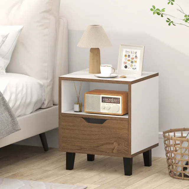 Costway Nightstand Mid Century Modern Bedside Table w/ Drawer Open storage Shelf