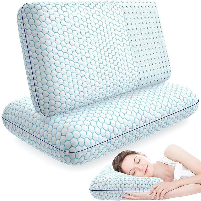 CushyOasis Memory Foam Pillows for Side, Back and Stomach Sleepers, Set of 2, Bed Pillow with Washable Cover and Breathable Mesh, Bed Pillow for Sleeping (Blue，Standard Size)
