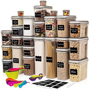 Shazo Airtight Container Set for Food Storage - 12 PC Set + Measuring Cup +  18 Labels & Marker - Strong Heavy Duty Plastic - BPA Free - Airtight Storage  Clear Plastic w/White Interchangeable 