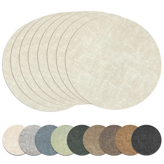 13" Round Placemats Set of 8, Reversible Faux Leather Heat Resistant Table Mats, 100% Waterproof Oilproof Wipeable Table Protective Placemats for Vinyl, Washable for Indoor & Outdoor Use (8, Beige)