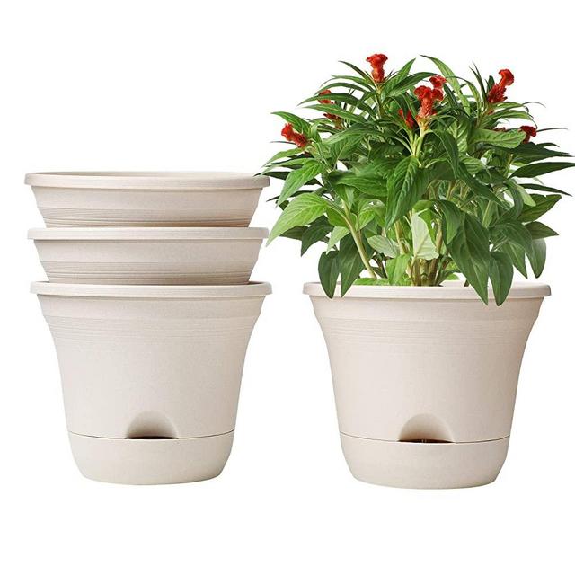 T4U 9.5 Inch Self Watering Planter Pot Set of 4 Long-Term Water Storage Plant Pot Deep Reservoir Planter Pot Container for House Plants, Flowers, Herbs, Succulents Home Decoration (Beige)