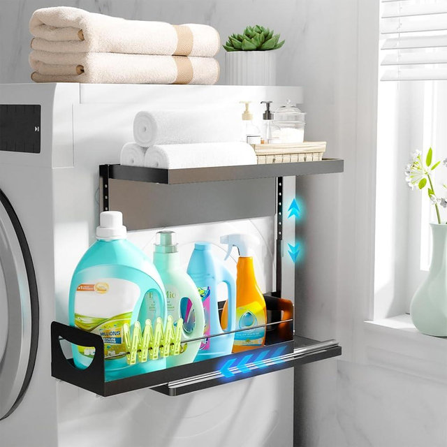 Uasdrvi 2 Tier Magnetic Storage Shelf with Pull Out Drawer, Height Adjustable Magnetic Organizer for Washing Machine & Fridge Side, No Drill Magnetic Rack for Laundry Room, Kitchen Storage (Black)