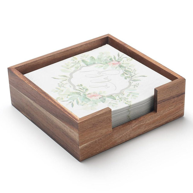 Wood Napkin Holder Square, Flat Napkin Holder, Wooden Luncheon Napkin Basket Tray for Kitchen Bathroom (7.5 x 7.5 x 2.5 inch)