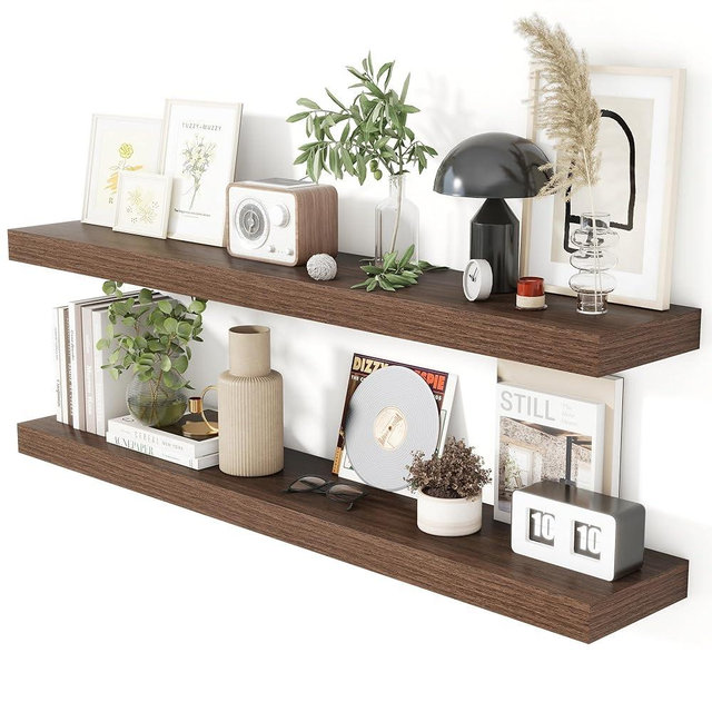 Heimlove 48 Inch Floating Shelves for Wall 8 Inch Deep Walnut Shelves Set of 2,Wall Mounted Rustic Wood Long Floating Shelf，Large Display & Storage Shelf with Invisible Brackets