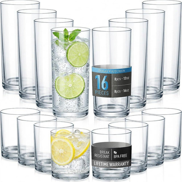 Zulay Kitchen Plastic Drinking Glasses (Set of 16) – Mixed 16oz & 12oz Acrylic Shatterproof Cups for Home, Kitchen & Outdoors – Crystal Clear Glass Look – BPA & Lead-Free – Top-Rack Dishwasher Safe
