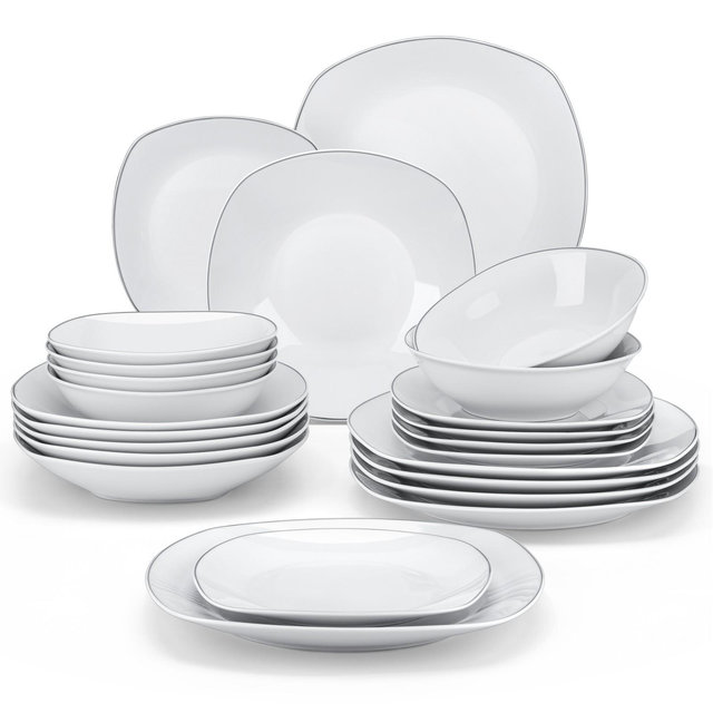 vancasso 24 Piece Porcelain Square Dinnerware Sets White with Silver Rim Plates and Bowls Sets, Ceramic Dish Set for 6