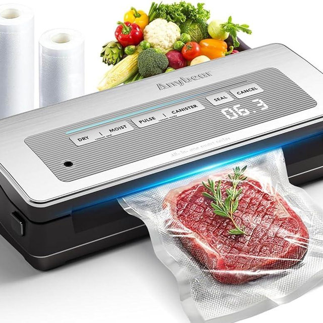 Vacuum Sealer Machine, 90kPa 120W Powerful Food Sealer Build-in Cutter and Bag Storage, Digital Countdown Display, Dry&Moist Mode, Wide Seal, 2 Bag Rolls & 5 Pre-Cut Bags for Food Saver (Silver)