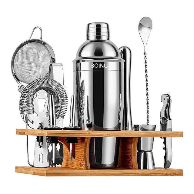 Soing 11-Piece Silver Bartender Kit,Perfect Home Cocktail Shaker Set for Drink Mixing,Stainless Steel Bar Tools with Stand,Velvet Carry Bag & Cocktail Recipes Cards (Silver)