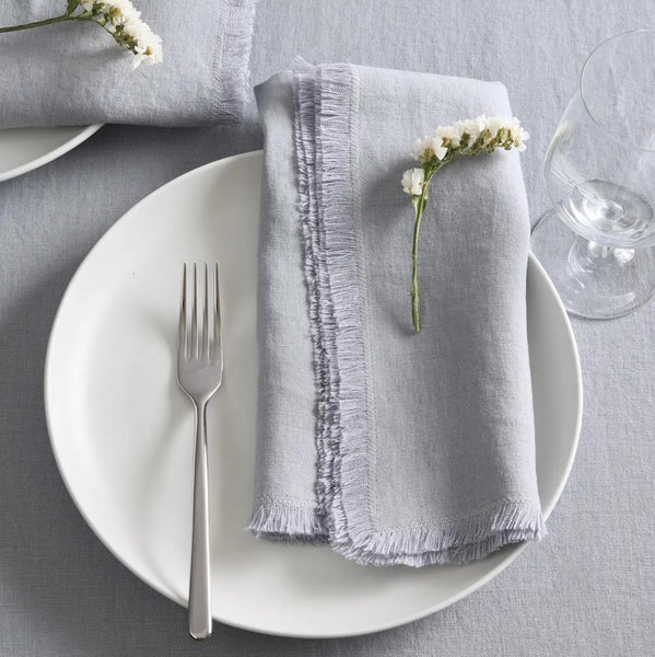 European Linen Fringe Napkins (Set of 8) - Blue Fog