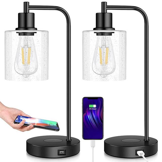 Set of 2 Wireless Charging Industrial Table Lamp 3-Way Touch Control Dimmable Desk Lamp with USB Port Bedside Lamp with Hanging Seeded Glass Shade for Office Bedroom Living Room, Bulb Included