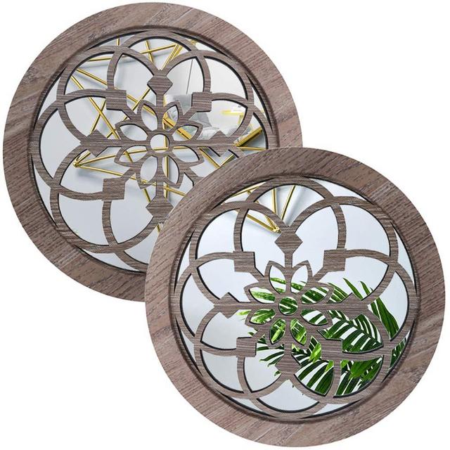 Wocred 2 PCS Round Wall Mirror,Gorgeous Rustic Farmhouse Accent Mirror,Barn Wood Color Entry Mirror for Bathroom Renovation,Bedrooms,Living Rooms and More(11.8”)