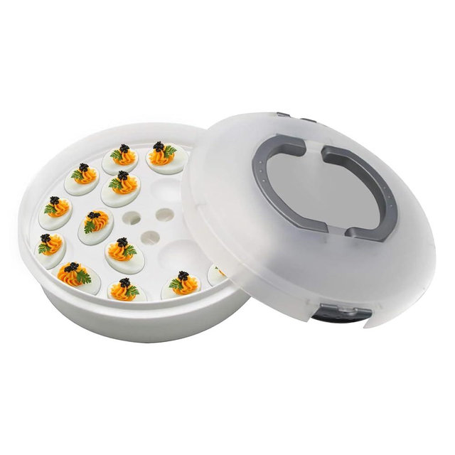 FEOOWV Portable Pie Cupcake Carrier with Lid and Tray 3-In-1 Round Cupcake Container Egg Holder Deviled Egg Tray Muffin Tart Cookie Food Keeper 10 Inch