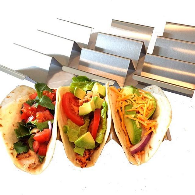 Taco Holder - Taco Holders Stainless Steel - Taco Trays - Taco Stand Up Holder - Taco Stand - Taco Plates - Holds 3 Tacos - Dishwasher, Oven and Grill Safe (4 Pack with handles)
