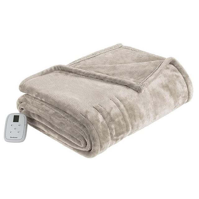 Brookstone Home Decor - Queen Size Ultra Soft Velvet Electric Heated Throw - Built-In Remote 10 Heat Settings & Auto Shut Off Machine Washable - Warm & Cozy Living Room & Bedroom Blanket (Grey Pumice)