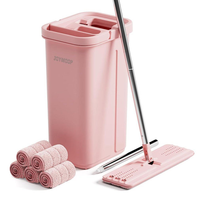 JOYMOOP Pink Mop and Bucket with Wringer Set for Home, with 5 Reusable Microfiber Mop Pads, Hands-Free Self-Cleaning System, Suitable for Floor Cleaning and Wall Cleaner