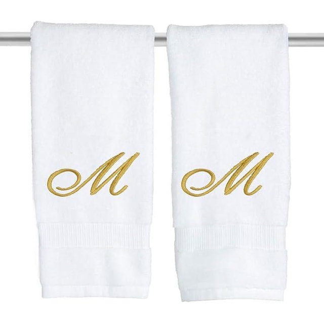 Decorvo White Monogrammed Hand Towels for Bathroom - Luxury Hotel Quality Personalized Initial Embroidered Towel for Powder Room, Spa - GOTS Organic Certified - Pack of 2 Gold, Letter M