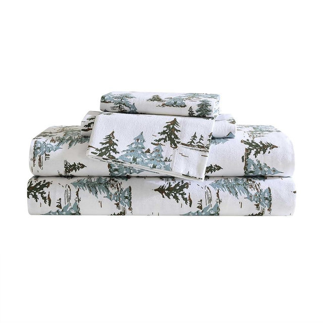 Eddie Bauer - Queen Sheets, Cotton Flannel Bedding Set, Brushed for Extra Softness, Cozy Home Decor, Oeko-Tex Certified (Snowy Pine Trees Green, Queen)