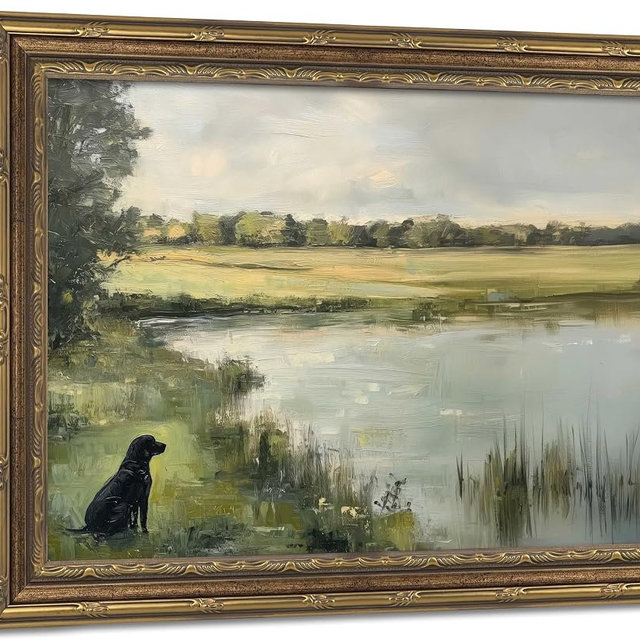 Vintage Gold Framed Wall Art Vintage Hunting Black Dog Wall Art Rustic Black Labrador Pond Landscape Wall Decor Picture Country Nature Farmhouse Animal Poster Print for Living Room Bedroom 9x11in