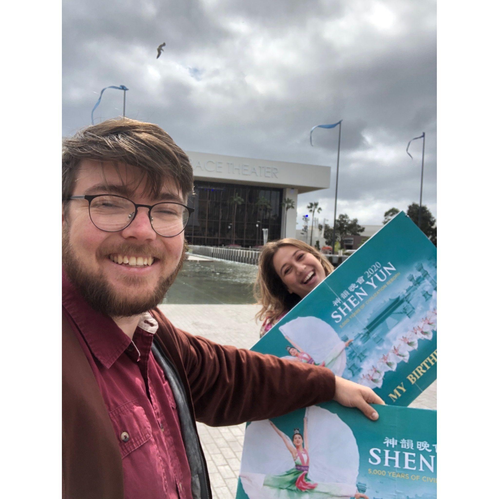 Kristin's birthday when we were sign twirlers for Shen Yun!
