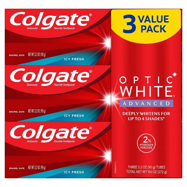 Colgate Optic White Advanced Hydrogen Peroxide Toothpaste Pack, Teeth Whitening Toothpaste, Enamel-Safe Hydrogen Peroxide Formula, Helps Remove Tea, Coffee, and Wine Stains, Icy Fresh, 3 Pack, 3.2 oz