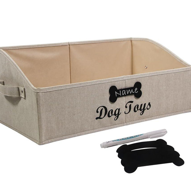 Brabtod Large Dog Toy Bin Collapsible Dog Toy Box Fabric Trapezoid Dog Toy Basket Storage for organizing pet Toys/Blankets/leashes/Rope Toys/Clothing-Can be Personalized-KhakiStripe