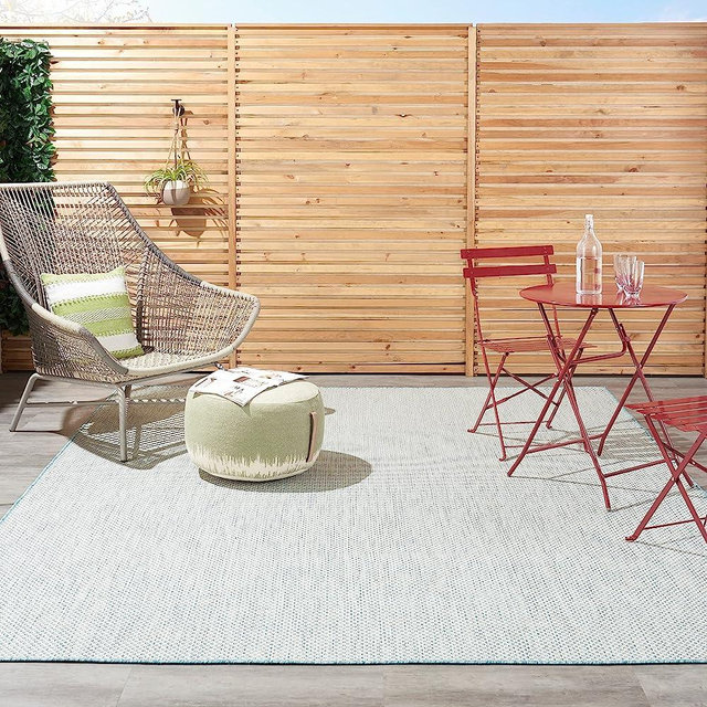 Nourison Courtyard Indoor/Outdoor Ivory Aqua 8' x 10' Area Rug, Geometric, Easy Cleaning, Non Shedding, Bed Room, Living Room, Dining Room, Deck, Patio, Backyard (8x10)