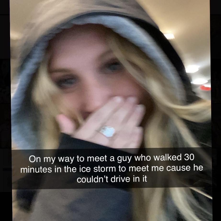 Sydney snapped a selfie before her 1st date w/ Mason @ JJ's. NWA was in the midst of a snowstorm and Mason wasn't able to get his car out of the driveway but couldn't miss this date so opted to walk!!