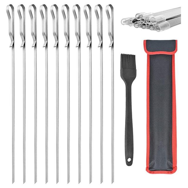 Wiotar Kabob Skewers 17 Inch Long Stainless Steel Flat Metal BBQ Barbecue Skewer Set, Wide Reusable Grilling Skewers Sticks (10Pcs, 1 Storage Bag,1 Silicone Brush)…