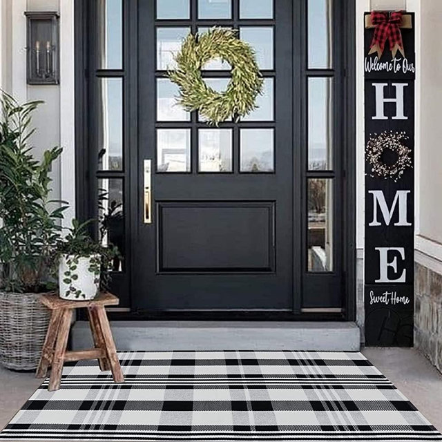 Buffalo Plaid Outdoor Rug Black and White Check Rug 35.4'' x 59'' Cotton Hand-Woven Checkered Front Welcome Door Mat Indoor/Outdoor Area Rug for Front Porch,Kitchen,Entry Way,Living Room