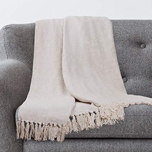 Americanflat Zaina Cream Herringbone Cotton Blanket Throw with Fringe - 50x60 Inches