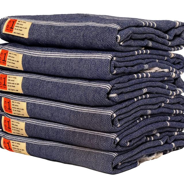No1 ICONIC Turkish Beach Towel - 6 Oversized Bath Towels in a Set, 38x70 - 100% Cotton Prewashed, Ultra Soft, Quick Dry, Easy On The Go, Absorbant Peshtemal - Best Pestemal for SPA, Gym, Dark Blue