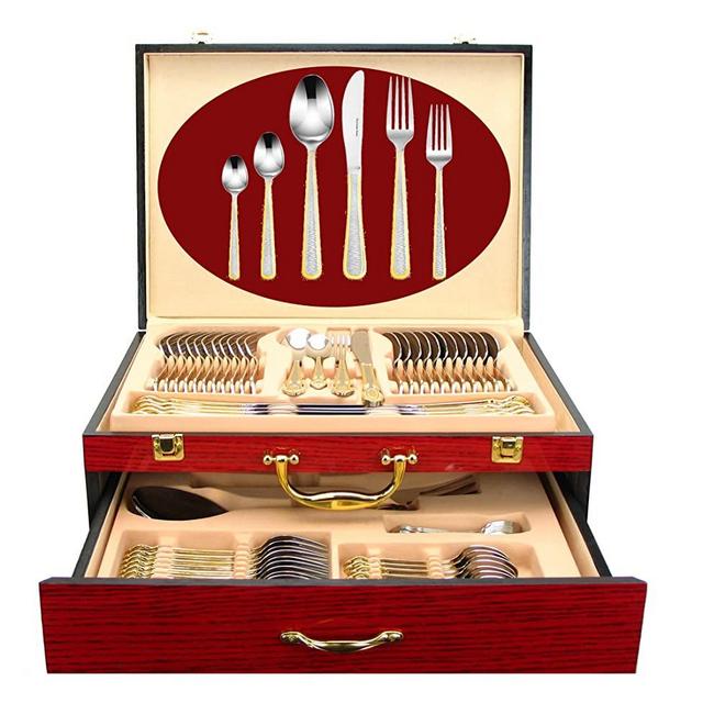 Venezia Collection 75-Pc Luxury Flatware Set for 12 w/Wooden Storage Case 24K Gold Premium Dining Cutlery Service - 18/10 Surgical Stainless Steel Silverware Hostess Serving Set in a Chest