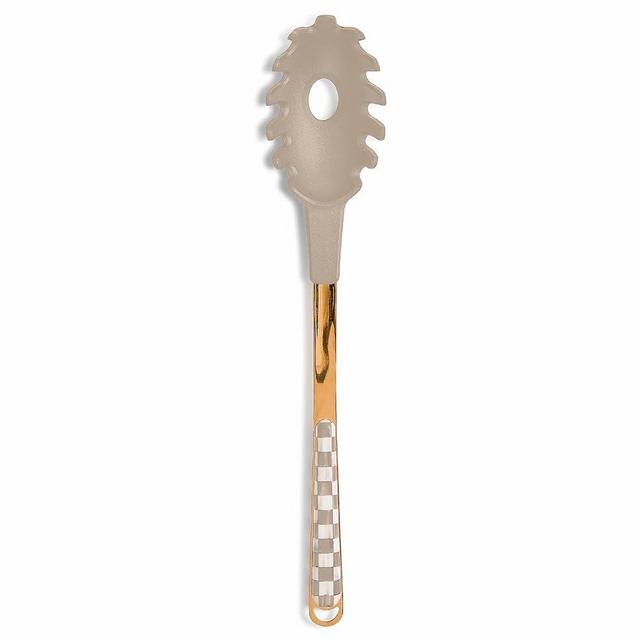 MACKENZIE-CHILDS Kitchen Pasta Spoon, Silicone Spaghetti Spoon, Brown-and-White Mocha Check