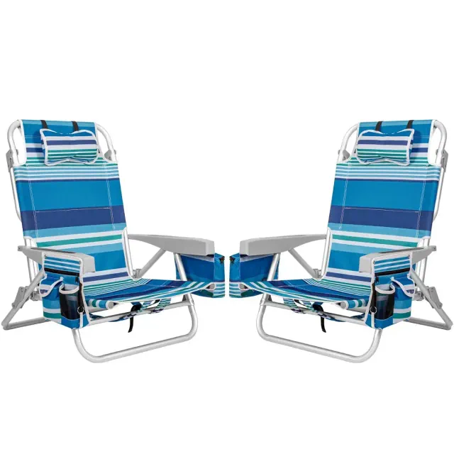 SUNSPIRE 5-Position Backpack Beach Chair Lay Flat for Adult, Folding Chair with Cooler Bag Cup Holder Towel Bar Outdoor Picnic Blue Stripe 2pcs