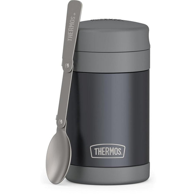 THERMOS FUNTAINER Insulated Food Jar, 16 Ounce, Kid Friendly Thermos Food Jar with Foldable Spoon, Matte Charcoal