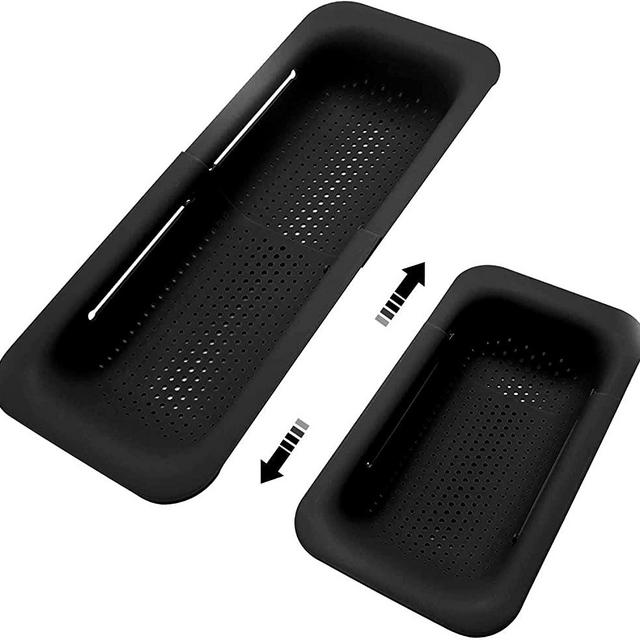 Collapsible Sink Colanders and Strainers Basket Extendable Plastic Fruit Vegetable Strainer Drainer Basket for Kitchen (Length 13.6 inch-18.7 inch) (Black)