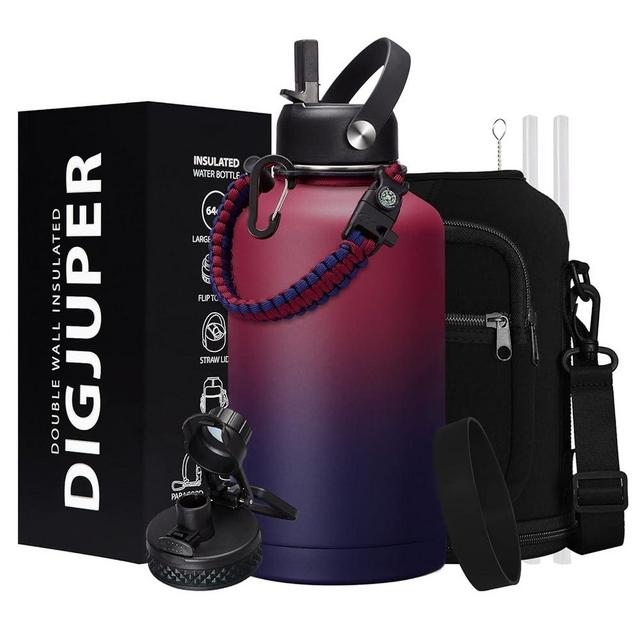 64OZ Vacuum Insulated Water Bottle - Keep Hot Cold Vacuum Flasks with Straw & Spout Lids, Paracord Handle, Water Bottler Carrier Holder & Protective Cup Mat, 1.8L Stainless Steel Water Jug