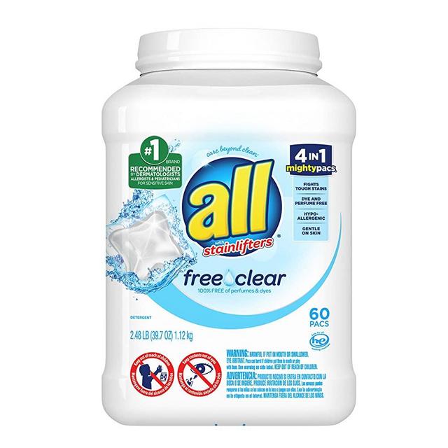 All Mighty Pacs Laundry Detergent Free Clear for Sensitive Skin, Tub, 60 Count