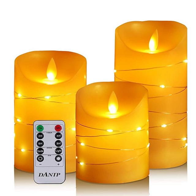 DANIP flameless Candle, with Embedded String Lights, 3-Piece LED Candle, with 10-Key Remote Control, 24-Hour Timer Function, Dancing Flame, Real Wax, Battery-Powered. (Ivory White)