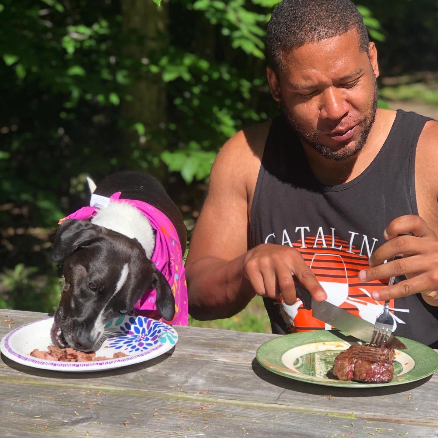 Riley and Pete enjoying some birthday steak!