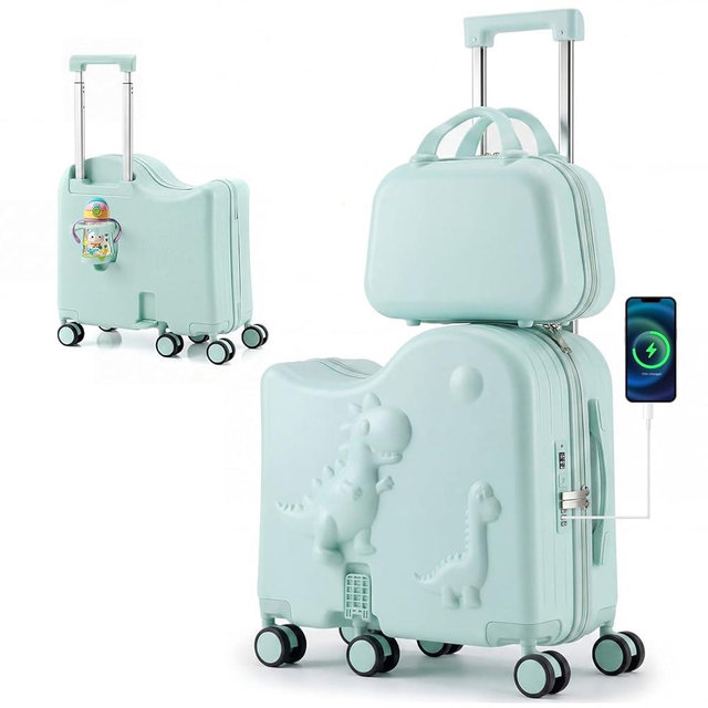 Oakvera Cute Dinosaur Ride-On Luggage Set for Kids, 20" Carry-On Suitcase with 12" Portable Bag, Hardshell Kids Luggage with USB & Type-C Port, Cup Holder, Foldable Footrest, 6 Spinner Wheels Green