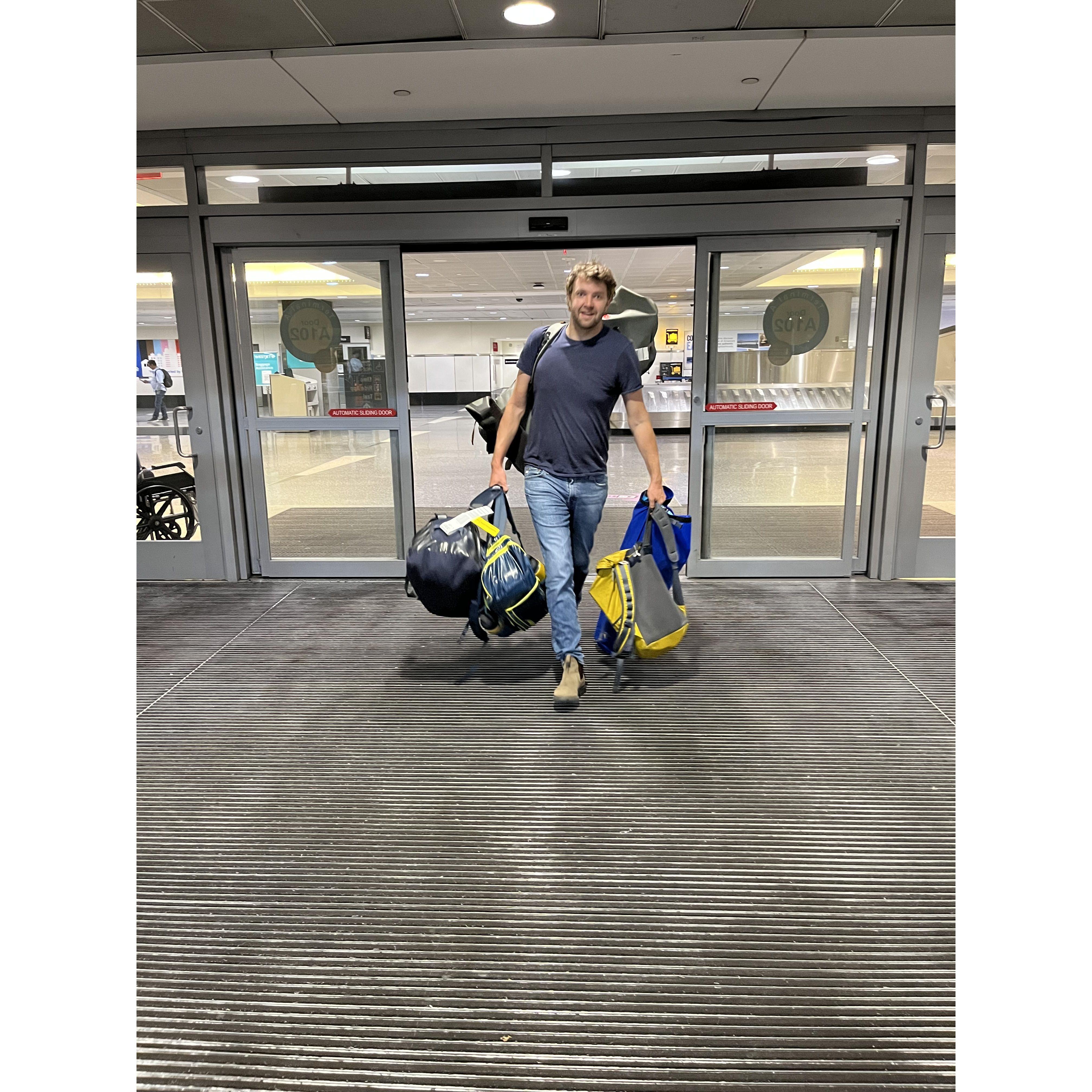 Brendan always carries Caroline's bags at the airport.