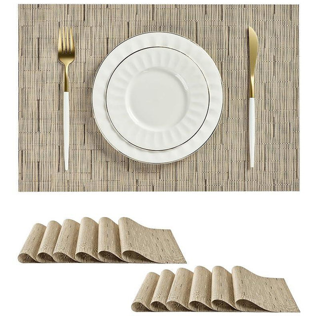 Leetaltree Light Brown Placemats Set of 12 - Heat Resistant Non-Slip Place mats for Dining Table, Washable Durable PVC Vinyl Woven Table Mats（Light Brown, 12）