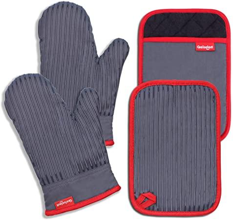 Coziselect Oven Mitts and Pot Holders Set, with Heat Resistance of Silicone, Flexibility of Pure Cotton and Terrycloth Lining, 500 F Heat Resistant, Grey
